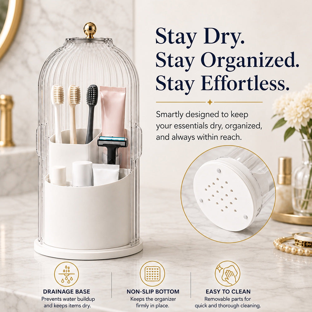 360° Rotating Toothbrush Holder with Lid, Dustproof Toothbrush & Toothpaste Storage Rack, Bathroom Organiser for Vanity Counter, Family Bathroom Accessory