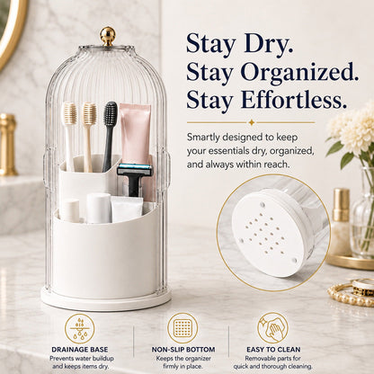 360° Rotating Toothbrush Holder with Lid, Dustproof Toothbrush & Toothpaste Storage Rack, Bathroom Organiser for Vanity Counter, Family Bathroom Accessory