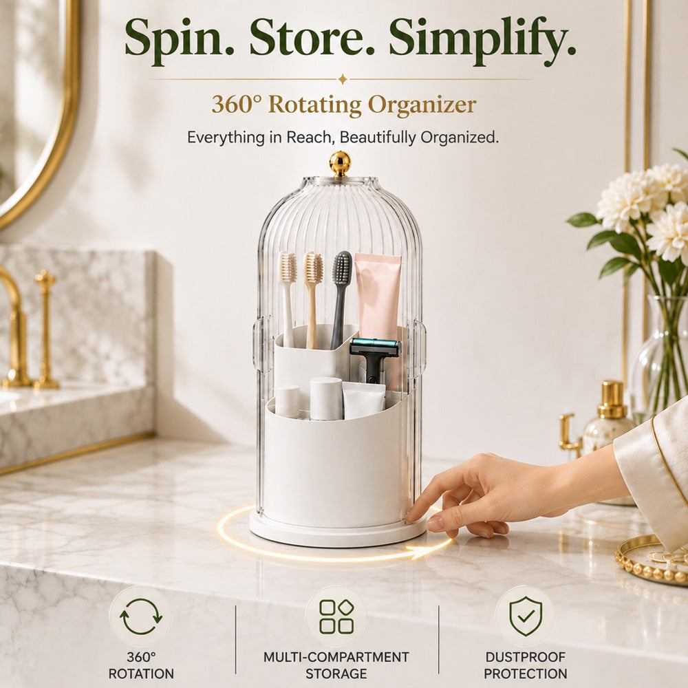 360° Rotating Toothbrush Holder with Lid, Dustproof Toothbrush & Toothpaste Storage Rack, Bathroom Organiser for Vanity Counter, Family Bathroom Accessory