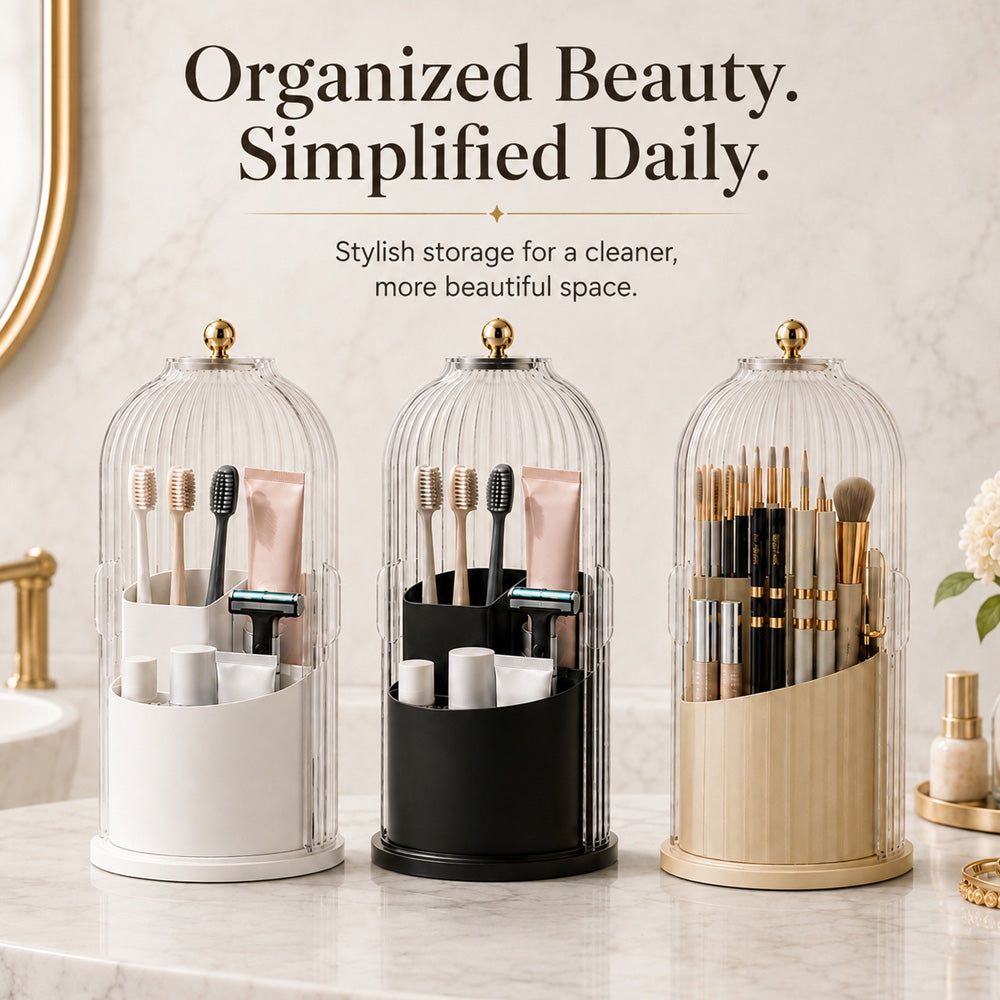 360° Rotating Toothbrush Holder with Lid, Dustproof Toothbrush & Toothpaste Storage Rack, Bathroom Organiser for Vanity Counter, Family Bathroom Accessory