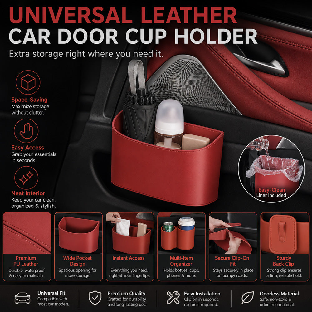 🥳2026 HOT SALE🥳💞50K+ SOLD!🚗🧺 53% OFF! Leather Car Door Cup Holder – Wide‑mouth opening, easy reach for drinks & phone. Clip‑on secure fit. PU leather, tough & stylish. 🛡️✨