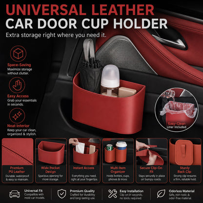 🥳2026 HOT SALE🥳💞50K+ SOLD!🚗🧺 53% OFF! Leather Car Door Cup Holder – Wide‑mouth opening, easy reach for drinks & phone. Clip‑on secure fit. PU leather, tough & stylish. 🛡️✨