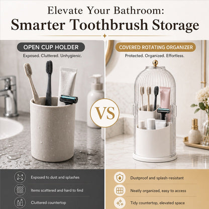 360° Rotating Toothbrush Holder with Lid, Dustproof Toothbrush & Toothpaste Storage Rack, Bathroom Organiser for Vanity Counter, Family Bathroom Accessory