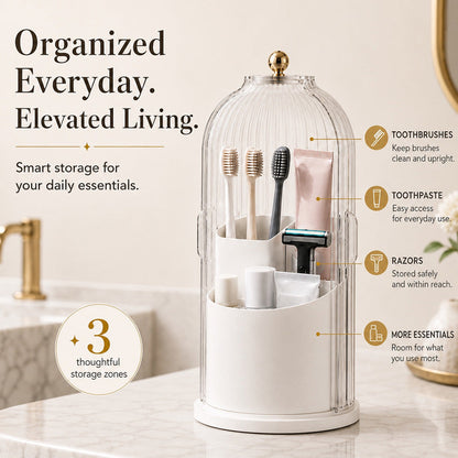 360° Rotating Toothbrush Holder with Lid, Dustproof Toothbrush & Toothpaste Storage Rack, Bathroom Organiser for Vanity Counter, Family Bathroom Accessory