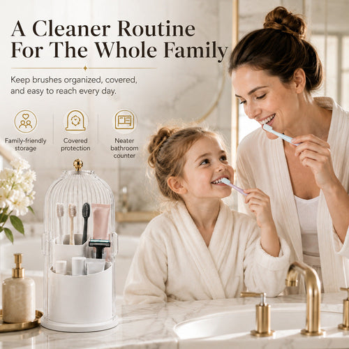 360° Rotating Toothbrush Holder with Lid, Dustproof Toothbrush & Toothpaste Storage Rack, Bathroom Organiser for Vanity Counter, Family Bathroom Accessory