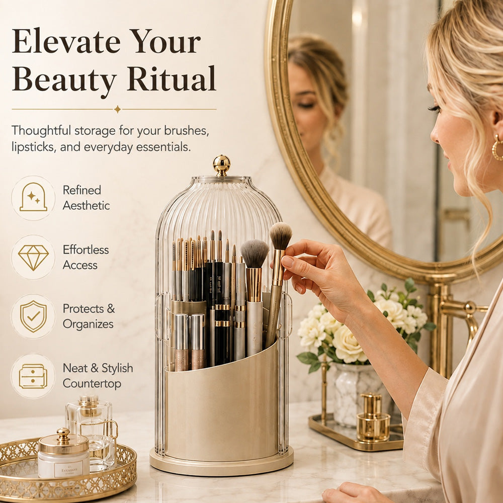 360° Rotating Toothbrush Holder with Lid, Dustproof Toothbrush & Toothpaste Storage Rack, Bathroom Organiser for Vanity Counter, Family Bathroom Accessory