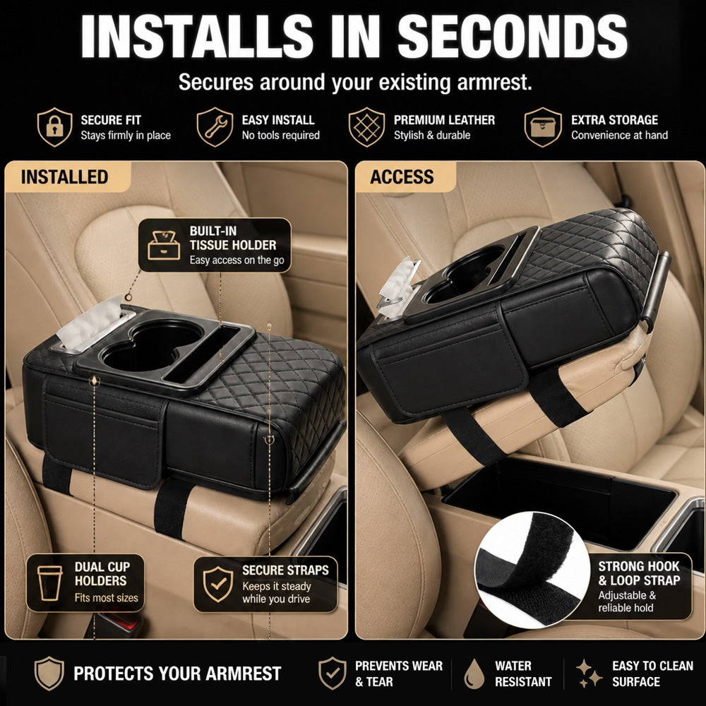 🚗 Car Console Organizer – PU Leather Armrest, Side Storage, Cup Holder
