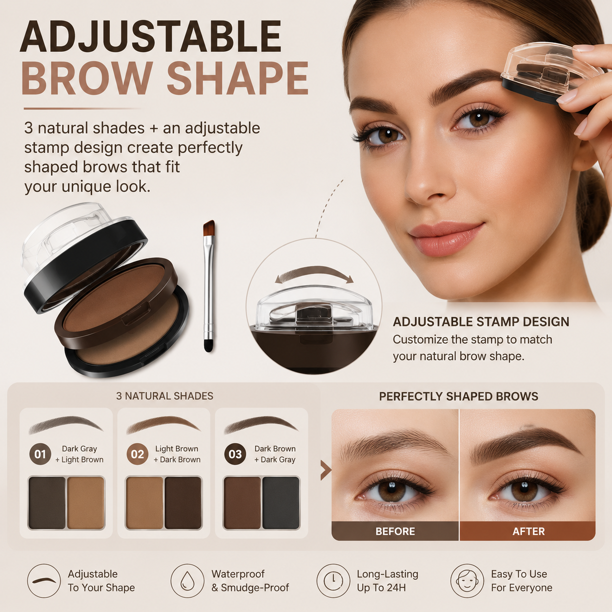 Instant Adjustable Eyebrow Stamp – Two‑color brow powder, waterproof & smudge‑proof. Natural, full brows in seconds! 💕🎀